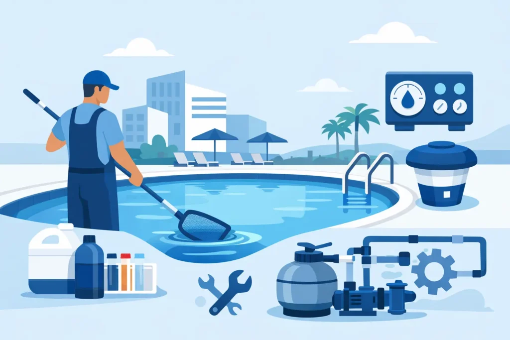 Guia de manutenção para piscina comercial